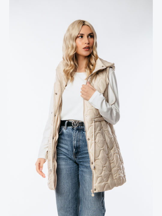 Dress Up Women's Long Puffer Jacket for Winter with Hood Beige