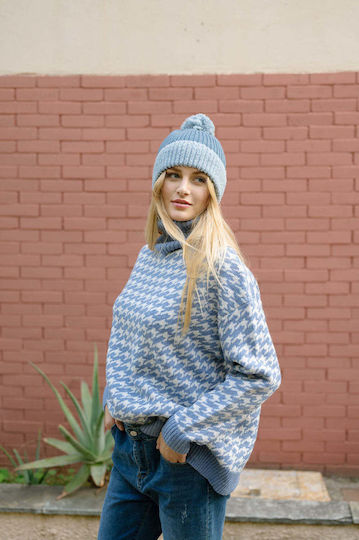Pom Pom Beanie Unisex Beanie Gestrickt in Blau Farbe