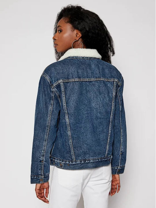 Levi's Women's Short Jean Jacket for Winter with Hood Navy Blue