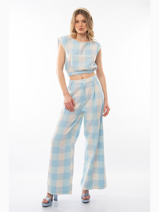 Sleeveless blouse with plaid print and pants LIGHT BLUE