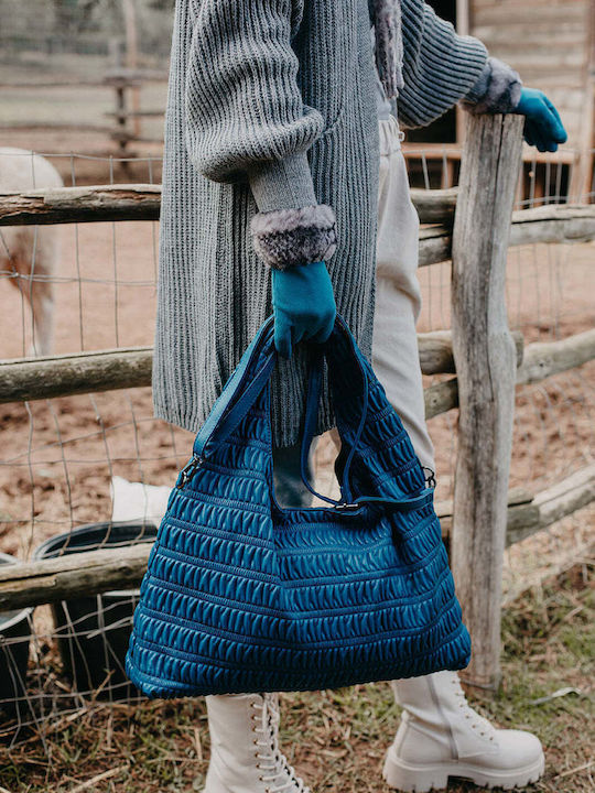 Leder Damentasche Shopper Schultertasche Petrol Blau