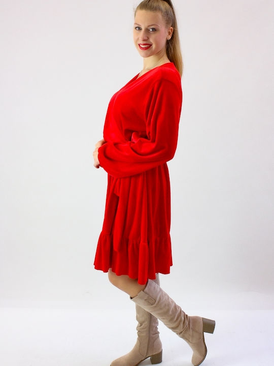 Brak Midi Evening Dress Velvet with Ruffle Red