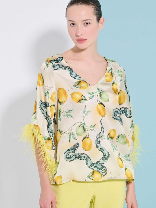 Matis Fashion Women's Summer Crop Top Satin with 3/4 Sleeve & V Neck Beige