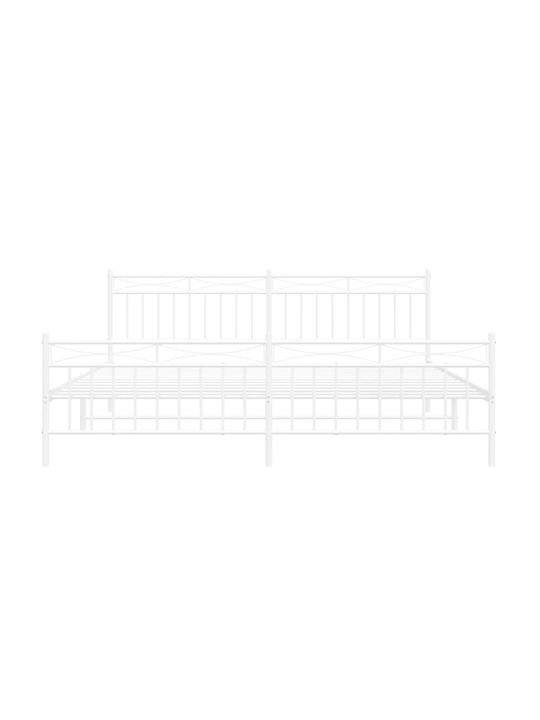 King Size Metal Bed White with Slats for Mattress 193x203cm