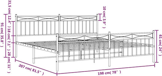 Метално Легло King Size Бяло с Дъски за Матрак 193x203см
