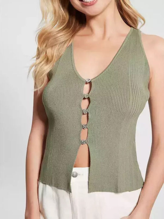 Guess Women's Summer Blouse Sleeveless with V Neck Green