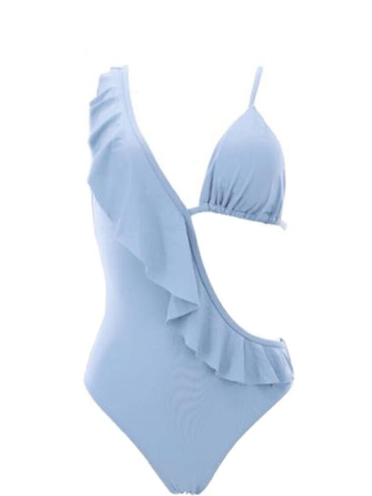 Reinforced One-piece Swimsuit with ruffles LIGHT BLUE