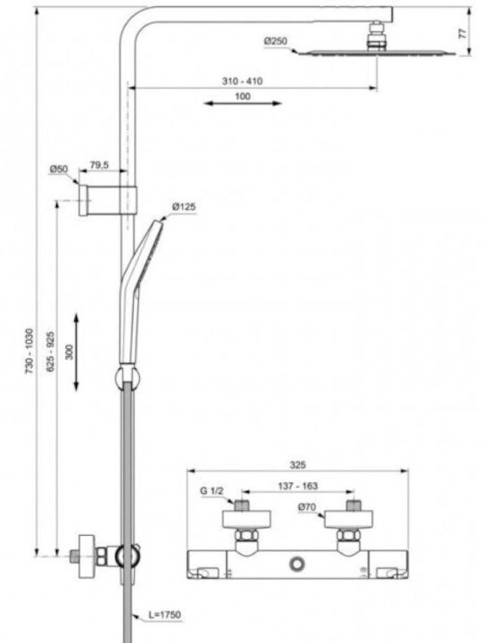 Ideal Standard Standard Ceratherm Adjustable Shower Column with Bathtub Mixer 90-120cm Silver