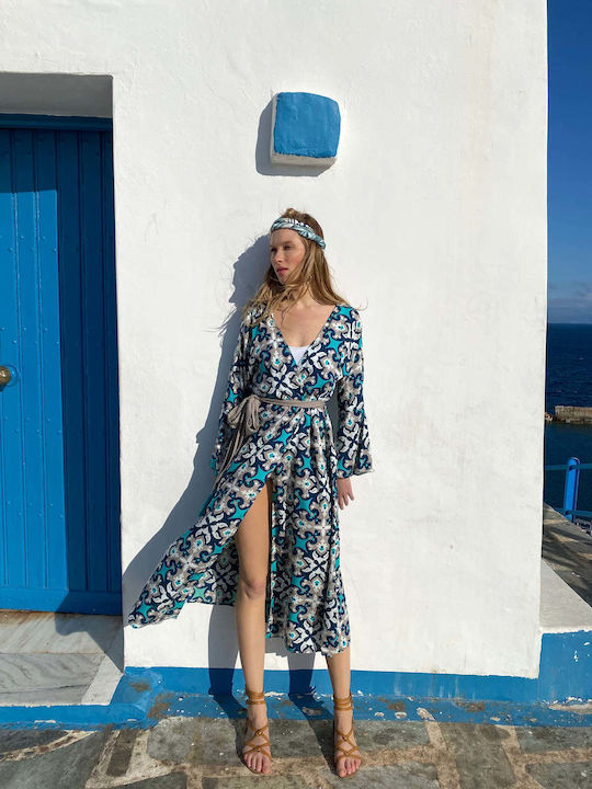 Achilleas Accessories Γυναικείο Μακρύ Κιμονό Παραλίας Τιρκουάζ