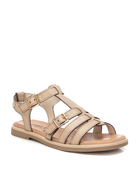 Carmela Footwear Leather Women's Flat Sandals in Beige Color