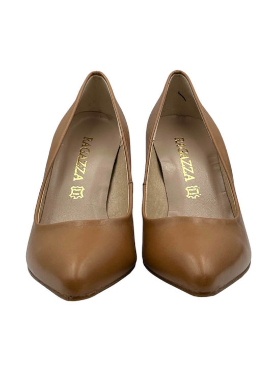 Leather Pointed Toe Heels with Medium Heel Tabac Brown