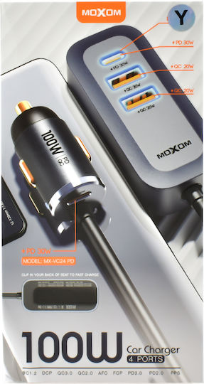 Moxom Car Charger 100W Fast Charging with Ports 4xUSB 1xType-C with Type-C Cable Grey Colour