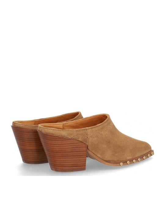 Suede Mules με Χοντρό Χαμηλό Τακούνι σε Μπεζ Χρώμα