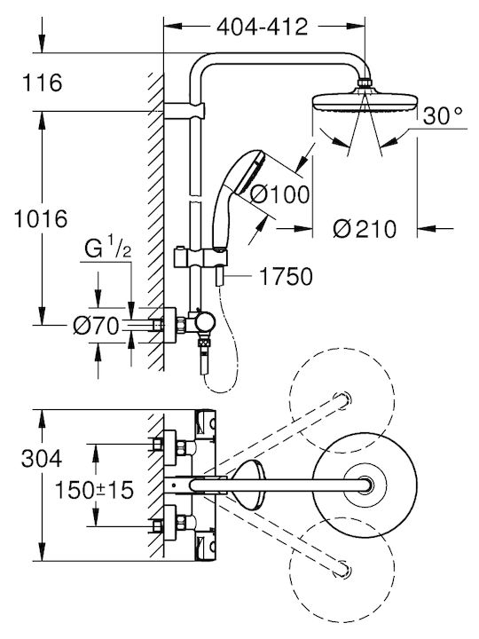 Grohe BAU System 210 Ρυθμιζόμενη Στήλη Ντουζ με Μπαταρία Ασημί