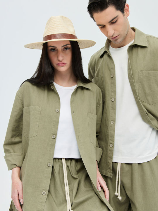 Aristoteli Bitsiani Herrenhemd Overshirt Langärmelig Leinen Khaki