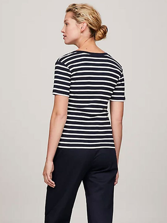 Tommy Hilfiger Damen T-shirt mit V-Ausschnitt Gestreift Ecru