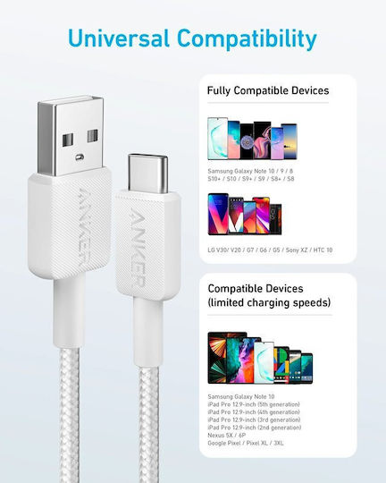 Anker USB 2.0 Cable USB-C male - USB-A 15W PD Λευκό 1.8m A81H6G21
