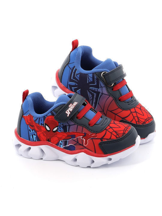 Spiderman Παιδικά Sneakers Ανατομικά με Σκρατς & Φωτάκια Μπλε