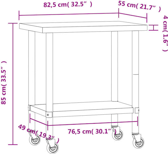 vidaXL Banc De Lucru Din Oțel Inoxidabil Cu Roți L82,5xA55xÎ85cm