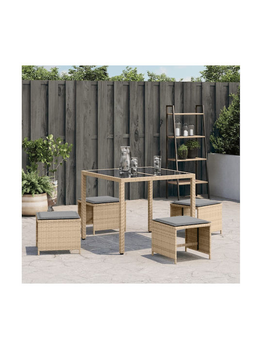 Garden Stool Cube Outdoor Rattan with Beige Cushion 4 Pieces 41x41x36cm