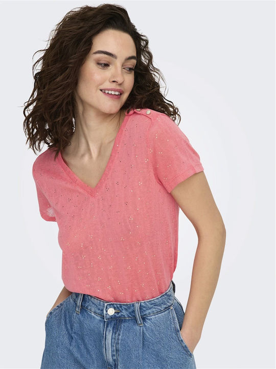Only Women's T-shirt with V Neckline Pink