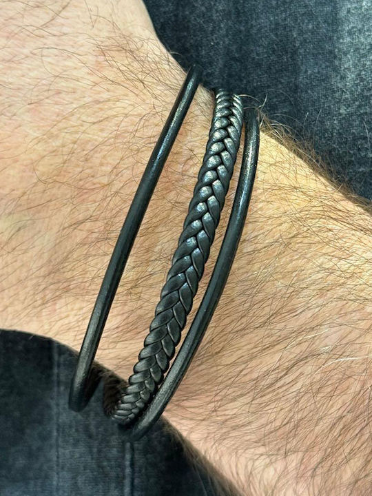 Men's Stainless Steel Bracelet with Triple Black Leather.