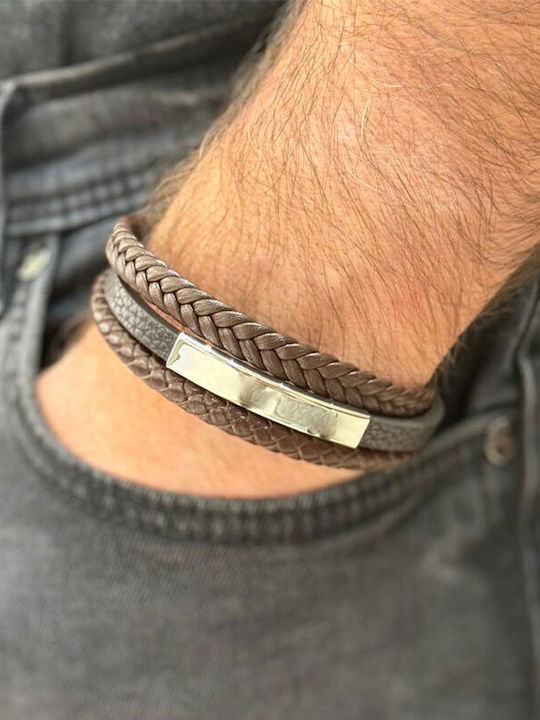 Men's Stainless Steel Bracelet with Triple Brown Leather.