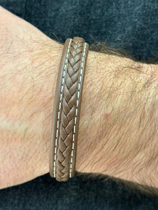 Men's Steel Bracelet Made of Brown Leather with White Stitching.