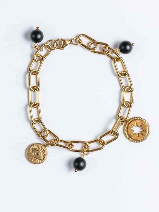 Handgefertigtes Cuoro Armband aus Edelstahlkette und Halbedelsteinen aus Onyx