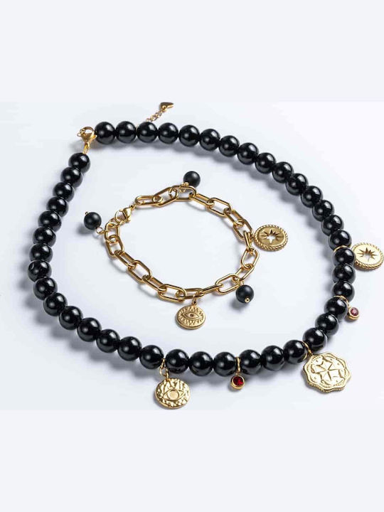 Handmade Cuoro Bracelet Made of Stainless Steel Chain and Semi-Precious Onyx Stones