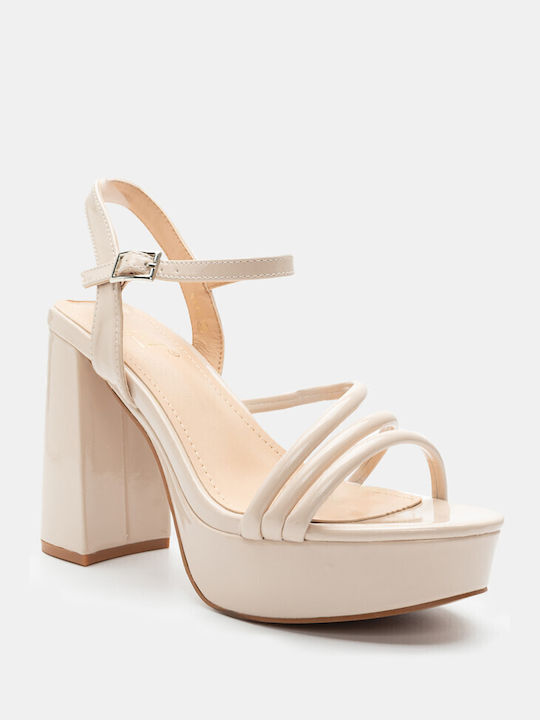 Luigi Platform Synthetic Leather Women's Sandals with Ankle Strap Beige with Low Heel