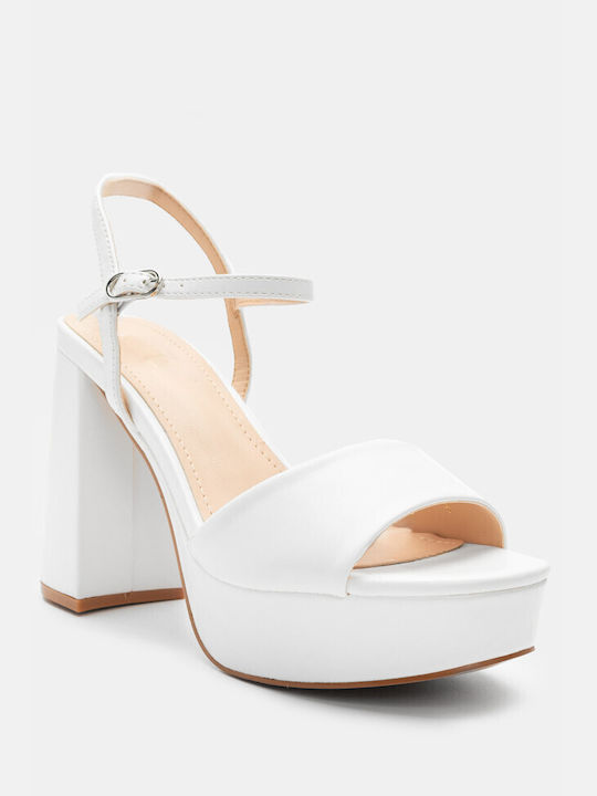 Luigi Platform Synthetic Leather Women's Sandals with Ankle Strap White with Low Heel