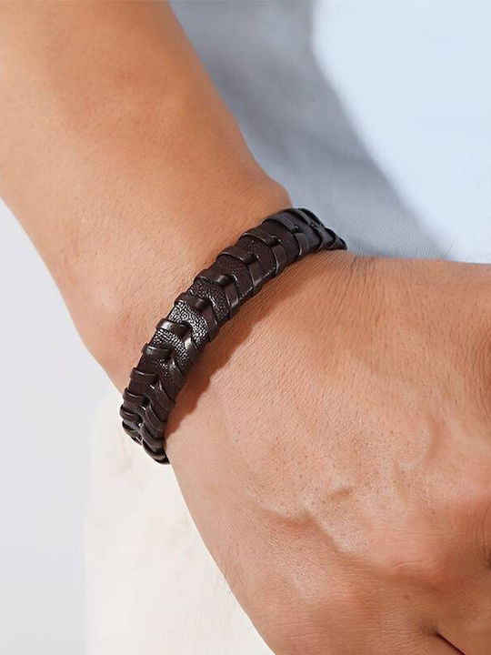 Men's Stainless Steel Bracelet Made of Woven Brown Leather.