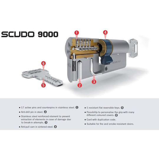 AGB Lock Cylinder Security Scudo 9000 85mm (35-50) with 5 Keys Silver