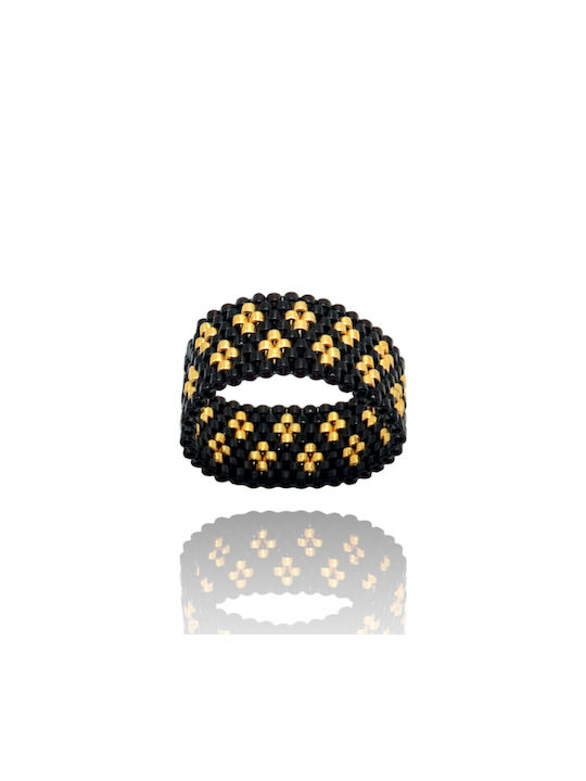 Olvia Handmade Ring, Miyuki Delica, Black Color "Gold Flowers"