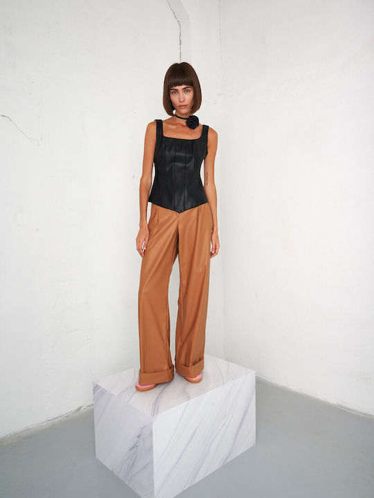 Same Old New Women's High-waisted Leather Trousers coffee