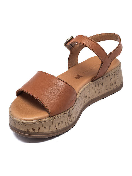 Leather Women's Flat Sandals Flatforms in Tabac Brown Color