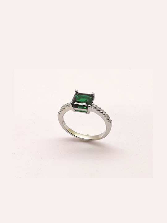 Single Stone Ring Silver 925 Platinum Plated with Green Zircon Stone and White Stones on the Side Size 52/12