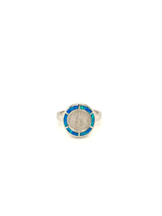 Women's Ring, Silver (925°) Plated, Phaistos Disc with Synthetic Opal - Blue