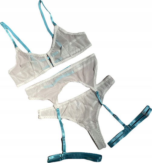 Sexy Women's Lingerie Set Sensual Bra Belt White-blue R.m