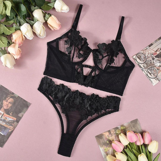 Liza Lingerie Set with Embossed Floral Design Corset, Sheer Panels, Underwire, Cutouts & High-Waisted Sheer Thong