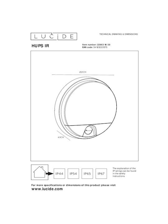 Lucide Lightning Стенно Външно Осветително Тяло LED IP54 10W с Топло бяло Светлина