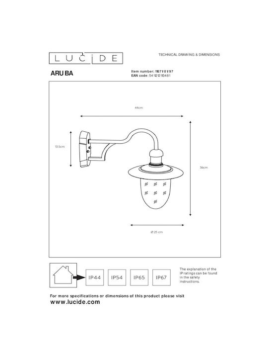 Lucide Lightning Aruba Стенно Външно Спот E27 IP44