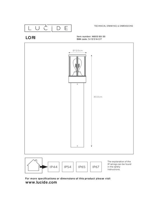 Lucide Lightning Φωτιστικό Κολωνάκι Εξωτερικού Χώρου 15W IP44 για Ντουί E27 Γκρι