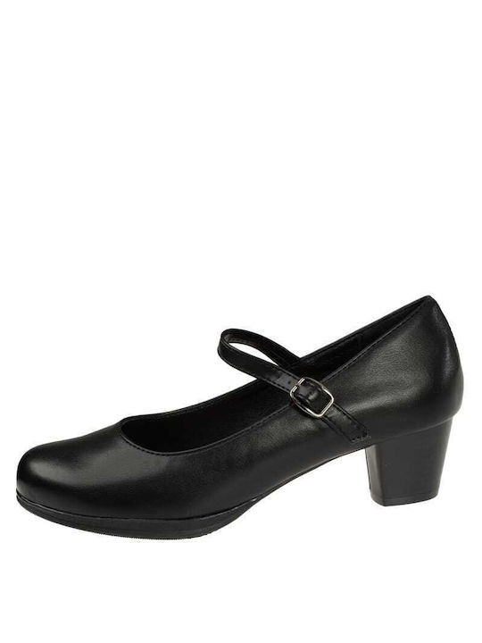 Synthetic Leather Black Medium Heels with Strap