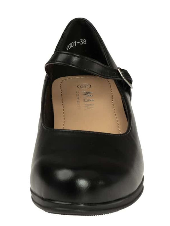 Synthetic Leather Black Medium Heels with Strap