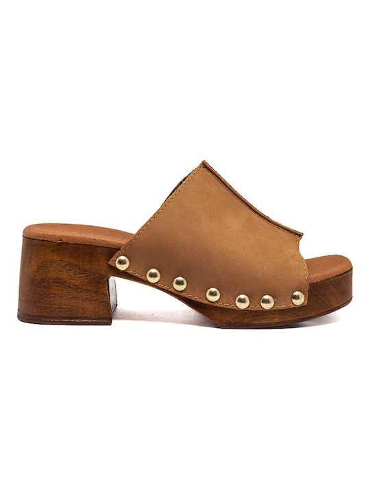 Leather Mules with Chunky Low Heel in Brown Color