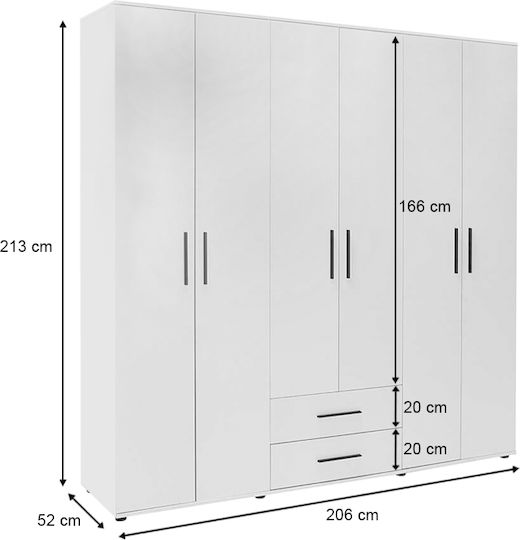 Six Door Wardrobe Bianco White 206x52x213cm