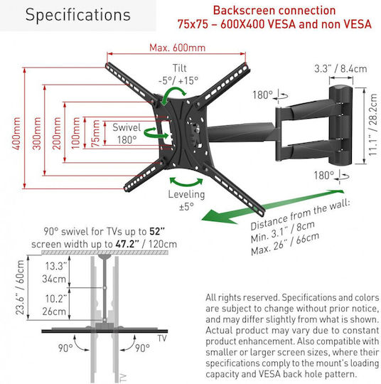 Barkan Wall TV Mount with Arm up to 83" and 50kg Black