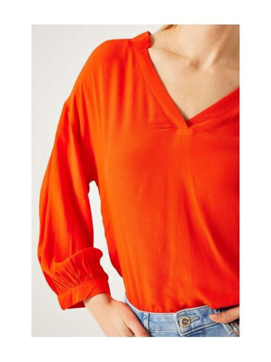 Damen Sommer Bluse Langärmelig mit V-Ausschnitt Rot